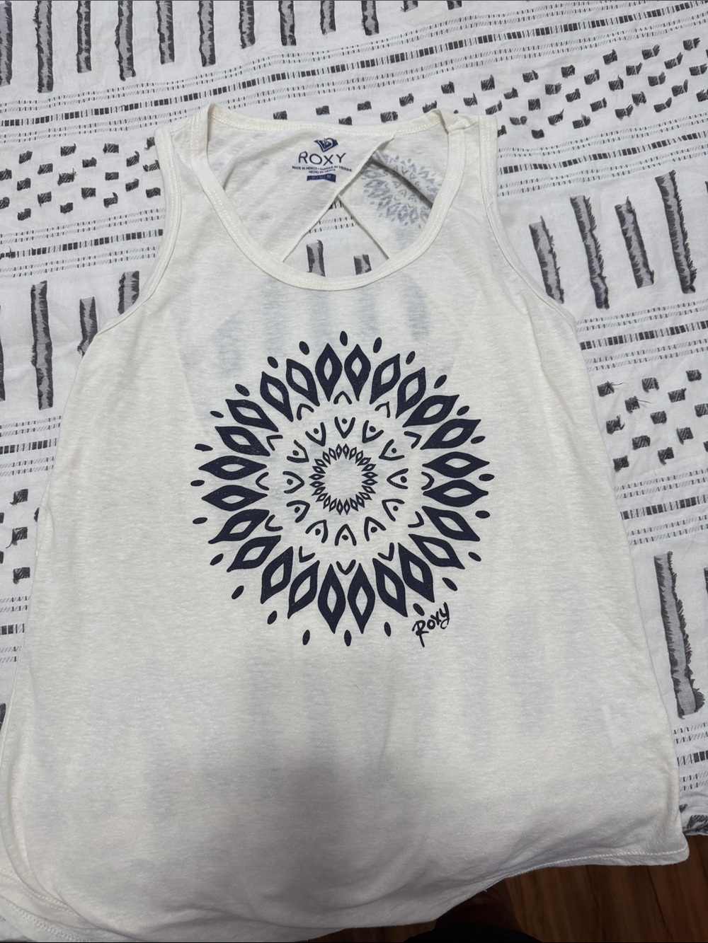 Roxy White Tank Top with Navy Mandala Graphic